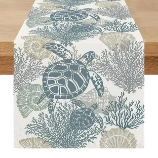 Miuyunya Tischläufer Blau Modern Abwaschbar Outdoor Sommer Tisch Läufer Natur 40 x 240 Lang Wetterfest Maritim Leinenoptik Frühling Tischdecke Küche Tischdeko für Hochzeit Party Dekor