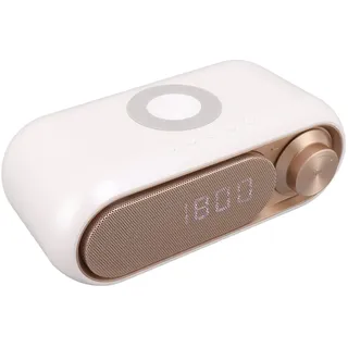 Digitaler Wecker, Radiowecker mit Kabellosem Laden -Lautsprecher LED Einfacher Moderner Digitaler Wecker FM-Radio-Lautsprecher mit Kabellosem Ladegerät für Schlafzimmer (Weißes Spray Gold