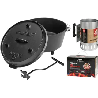Camp Chef Deluxe Dutch Oven DO-10, Set mit Tom Coco Grill-Briketts und Feuergott