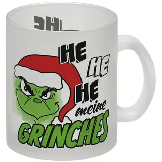 speecheese Tasse Weihnachtsmuffel Glas Tasse mit Spruch He he he meine Grinches