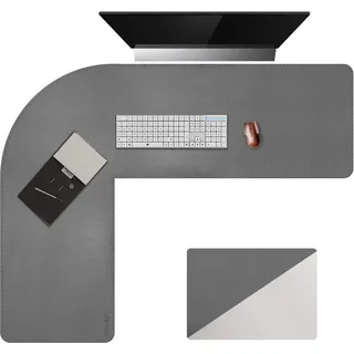L-förmiger Schreibtisch PU-Leder Mauspad, (125+125) x40CM Eckschreibtisch Schreibtischunterlage, Chihein Großer Doppelseitige wasserdichte Bürotisch Unterlage (Grau/Weiß)