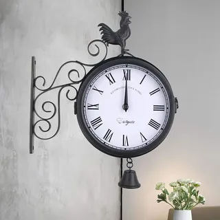 Wanduhren Vintage Retro Uhr Metall Wanduhr Bahnhofsuhr Antik Outdoor Clock Schwarz 20cm Zifferblatt Römische Zahlen Küchenuhr Zweiseitig Uhr für... - Schwarz