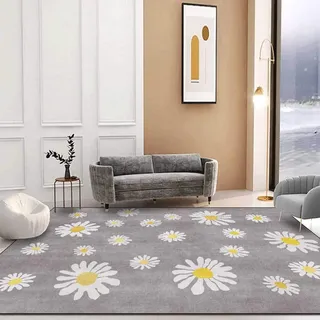 XESZIEO Waschbarer Teppich Kleine Gänseblümchen Blume Auf Grauem Rutschfester Vorleger für den Eingangsbereich, Küchenteppich Badteppich Für Schlafzimmer Wohnzimmer Teppich, 60 x 90 cm
