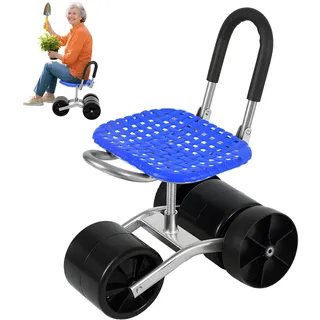 Bluethy Gartenhocker mit Rollen, Höhenverstellbarer Klapphocker 360° Drehbar, Gartenhocker aus Verzinktem Stahl bis 150kg, Mobiler Rollsitz für Gartenarbeit mit Transporträdern (Blau 1)