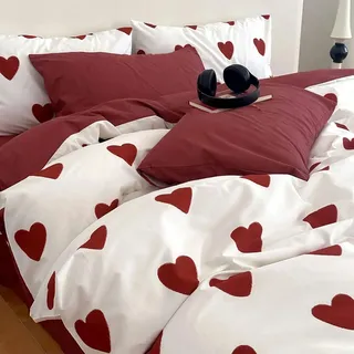 Covebett Herz Bettwäsche Set 140x200 2teilig Weiß mit Roten Herzen Muster | Romantisch, Rot Weiss Herzchen, Mikrofaser Bettwäsche-Sets, Mädchen Kinder, Reißverschluss, Bettbezug und 1 Kissenbezug 70x90