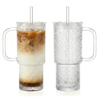 Hestremo 20 oz Glasbecher mit Deckel und Strohhalm, Glas-Eiskaffee-Tassen, auslaufsicherer Trinkbecher mit Griff, Hobnail-Gläser-Trinkset mit 2 Stück, Vintage-Glaswaren für Cocktail, Saft, Smoothies
