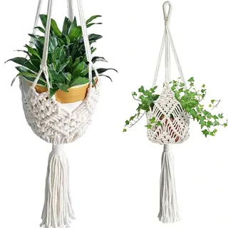 2Stk Makramee Blumenampel, Blumenampel Hängend Innen, Weiß, Ohne Pflanze | Baumwollseil Blumentopf Hängend, Baumwollseil Hängeampel Hängetopf für Pflanzen, Für Innen, Außen, Garten, Balkon, Decken
