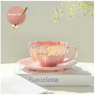 FIDDY Cappuccinotasse Vintage-elegantes Keramik-Kaffeebecher-Untertassen-Set mit Löffel, Blütenblatt-Kaffeetasse, eleganter Retro-Nachmittagstee rosa