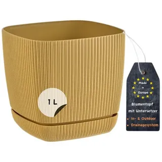 Engelland Blumentopf Pflanztopf mit Drainagesystem & Untersetzer (12 x 12 cm, 1 Liter, 1 St., robuster PP-Kunststoff), eckig, Rillenoptik, UV-resistent, direkte Bepflanzung gelb 1 l | 12 cm x 11 cm x 12 cm