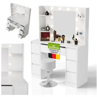 Juskys Schminktisch Malia und Hocker Tonia mit LED-Licht, Helligkeit & Farbtemperatur individuell einstellbar, viel Stauraum & Spiegel – Weiß