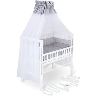 FabiMax Baby Beistellbett für Boxspringbett, TÜV geprüft 2022, inkl. Matratze und Komplett Set, Buche massiv weiß, Comfort/weiße Sterne auf grau