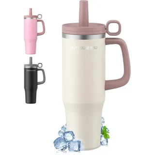 Trinkbecher mit Strohhalm 40oz(1.2L), Edelstahl Vakuum-Isoliert Thermobecher, Auslaufsicher Becher mit Deckel, Spülmaschinenfest, BPA Frei Tumbler für Kalte Heiße Getränke, Beige