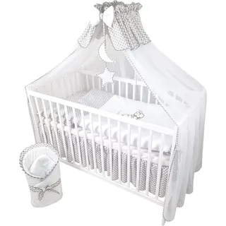 13-teiliges Babybett-Komplettset Happy Leo inkl. höhenverstellbarer Matratze mit Stickerei für Neugeborene, Babys und Kleinkinder (Teddybär Mond... - Grau