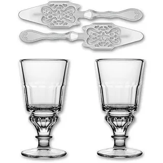 2X La Rochere Absinth Glas Pontarlier 300 ml + 2X Absinth Löffel Antique