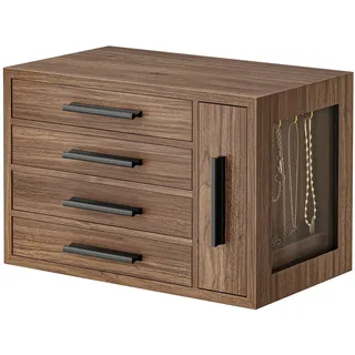 HOOBRO Schmuckkästchen, Schmuckbox aus Holzwerkstoff, 4-stufige Schmuckaufbewahrung, Schmuckkoffer für Ohrringe, Halsketten, Ringe, Walnuss und Schwarz EBH09JB04