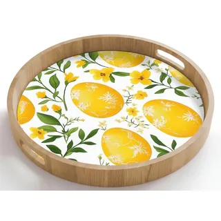 OnlyWow Tablett Rund mit Henkel Blumen - Ostereier - Gelb, Eichenholz, (1-tlg), Servierbrett Groß, Tischdeko, Platte, Tisch Deko gelb 50 cm x 50 cm x 5 cm