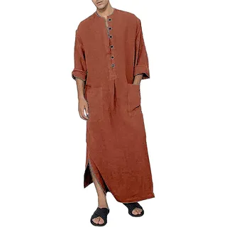 Herren-kaftan Mit V-ausschnitt, Langen Ärmeln, Geknöpfter Thobe, Baumwolle, Mit Seitenschlitzen Und Taschen – Xl – Braun