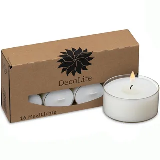 DecoLite Maxi Teelichter im Acrylcup – 9–10h lange Brenndauer – Auswahl: 16 bis 160 Stück – Große Teelichter transparent – Ø 5,6 cm x H 2,5 cm - (16 x MaxiLights)