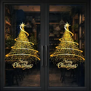 Weihnachten Fensteraufkleber, 4 Stück Gold Weihnachtsbaum Fensterbilder | Statisch Weihnachtsfensterbilder mit Gold Punkten, Groß Fenster Weihnachtsdeko für Schaufenster Wohnzimmer Weihnachtsdeko