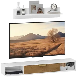 Tv Wandmöbel Set Mit Wandregal Hängendes Tv Board Aus Holz Mit Kabeldurchführung 120 X 24 X 16 Cm Weiß
