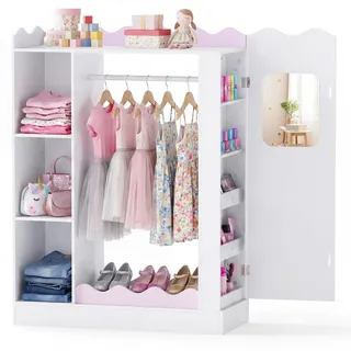 COSTWAY Kinder Kleiderschrank, Kindergarderobe für Kinderzimmer, Rosa | Kinderkleiderschrank mit 2 Acrylspiegeln, Kleiderstange, Schranktür & Ablagen , Kinderschrank für Mädchen ab 3 Jahren