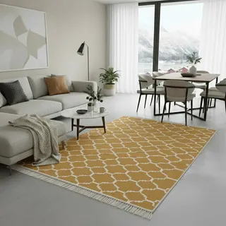 Fashion4Home Teppich Läufer - Tepiche für Wohnzimmer, Schlafzimmer, Küche, Kinderzimmer, Badezimmer - Boho Kelim - Läufer Flur, Morocco-Gold-Weiß, Größe: 160x230 cm