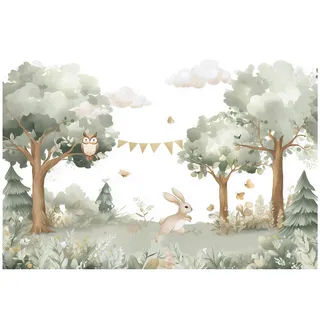 WallArena - Vlies Fototapete Kinderzimmer 400x280 cm Wald Tiere - Fototapeten Tapeten für Kinder Mädchen & Jungen - Kindertapete - Kinderzimmertapete Landschaft weiß grün Hase
