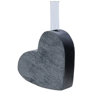 Levandeo® Dekovase, Vase Herz Reagenzglas H13cm Mangoholz Schwarz Glas Tischdeko