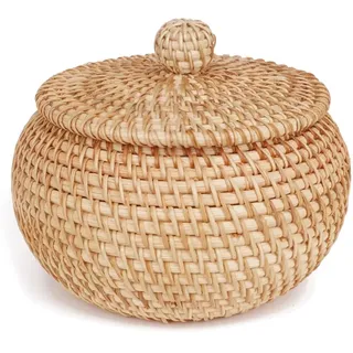 CRAKES Rattan Rund Korb mit Deckel, Rattan-Backwarenkorb mit Deckel, Brot Obst Snacks Korb für Tischregal