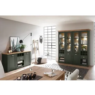 Lomadox Landhaus Wohnmöbel Esszimmermöbel Set, englisch grün mit Wotaneiche, Buffetschrank und Anrichte, mit Beleuchtung