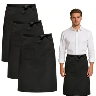VUTYNKO 3 Stück Vorbinder Schürze mit Tasche, 68x70cm Kellnerschürze Verstellbare Lang Vorbinder, Kochschürze Halbe Arbeit Servierschürze Taillenschürze Schwarz für Küche Restaurant Bistro Florist Caf - 68 X 70 Cm