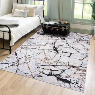 Mazovia Teppich Wohnzimmer 140x200cm Weiß Gold Abstrakt Glamour Stilvoll | Teppich für Schlafzimmer Esszimmer Büro Rutschfest Maschinenwaschbar Wetterfest Pflegeleicht Tierfreundlich Kurzflor Modern