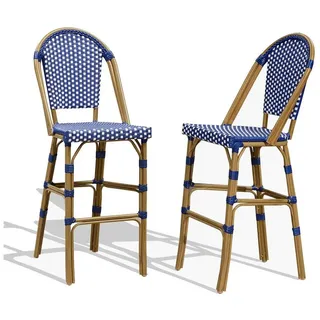 PURPLE LEAF Barhocker Französischer Stil 2st, Handgeflochten, Aluminium, Hohe Rückenlehne (2 Barhocker, 2er Set), Barstuhl Outdoor-Tresenhocker Rattan, für Bar, Cafés, Küchen, Garten blau 46 cm x 122 cm