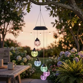 levandeo Solar Windspiel Garten 6 LED Kugel Glas/Kunststoff Schwarz/Transparent