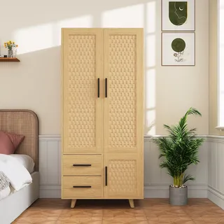 Schlafzimmerschrank – Kleiderschrank – 80 X 52 X 176 Cm – 2 Türen, 2 Schubladen – Skandinavisch-bohemian – Holzoptik Rattan – Eiche Natur Und Schwarz