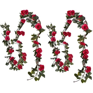 Yeehliny Blumengirlande Rosengirlande Künstliche Blumen Hängen Reben Rose Hängende Girlande Seidenblumen im Freien Hängend Kunstblumen Deko für Hochzeit Party Wand Garten 2.1 M (2 Stück/Rot)