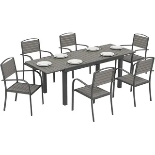 7-teiliges Garten-set: Ausziehbarer Tisch Mit 6 Designerstühlen In Aluminium- Und Holzoptik
