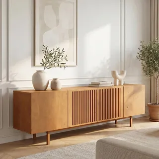 IDIMEX Lowboard Linn, 180 cm aus Massivholz, Eiche Finish - TV Lowboard mit Lamellentüren, TV Schrank aus Kiefernholz, Sideboard für Wohnzimmer und Flur, niedrige Kommode mit Stauraum.