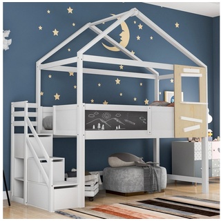 Flieks Hochbett Kinderbett mit Treppe und 3 Schubladen 200x90cm Kiefernholz weiß 97 cm x 246 cm x 113 cm
