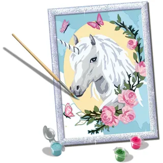 Ravensburger CreArt: Einhorn-Porträt — Malen mit Zahlen für Kinder ab 9 Jahren, Malset mit Brettern, Rahmen mit Glitzer, Pinsel und Farben im Lieferumfang enthalten, 18 x 24 cm, Geschenkideen
