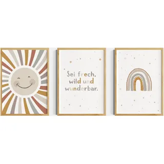 Kinderzimmer Bilder 3er Set Boho Poster Beige Sonne Regenbogen Spruch Sei frech wild und wunderbar Babyzimmer Wanddeko Geschenk Geburt Taufe - 3er Bilder Set ohne Rahmen (DIN A3 (29,7x42 cm))