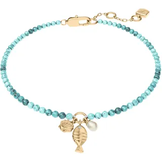 Armband FOSSIL "Schmuck Geschenk Metall Armschmuck Fisch Muschel Sutton", blau (gelbgoldfarben, kristallweiß, weiß, türkis, kristallweiß), Armbänder, Damen, 19cm, Metall Nylon Perlen, Metall, Nylon, Perlen, Armband, mit Glasstein - mit Süßwasserzuchtperle, Acryl