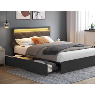 VASAGLE Doppelbettgestell, Bettgestell, 140 x 200 cm, LED, Metallbett, 4 Schubladen, Ladestation, verstellbares gepolstertes Kopfteil, Schiefergrau - Dunkelgrau