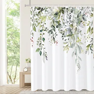 Tititex Salbeigrüner Eukalyptus-Duschvorhang, Aquarellblätter auf der Oberseite, Pflanze mit Blumen-Badezimmer-Dekoration, Duschvorhang-Set, 183 x 183 cm, mit Haken