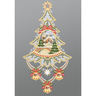 Fensterbild aus Plauener Spitze - Weihnachtsbaum mit Kirche (Bx H) 20cm * 39cm Mehrfarbig Fensterdekoration Fensterschmuck
