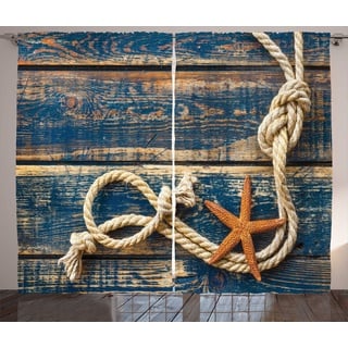 Gardine Schlafzimmer Kräuselband Vorhang mit Schlaufen und Haken, Abakuhaus, maritim Seil und Seesterne Holz blau|orange 280 cm x 175 cm