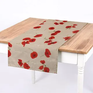 SCHÖNER LEBEN. Tischläufer Mohnblumen Schriftzug Natur rot grün weiß