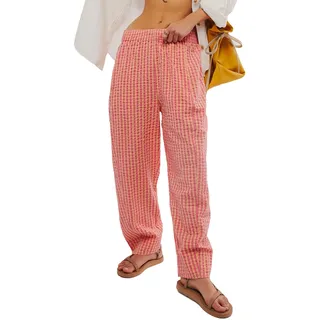 LIUYUYOUGO Wide Leg Hose Damen, Karierte Hose Mit Weitem Bein Für Damen Im Preppy Stil Klassische Haremshose Mit Karomuster Elastische Taille Palazzo Hose Lässige Lockere Jogginghose Mit Taschen S - S