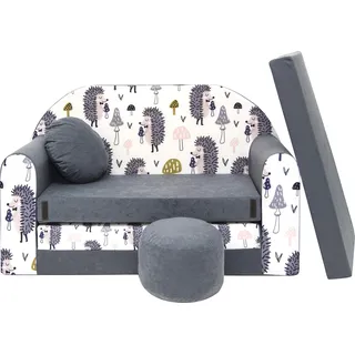 Pro Cosmo Kindersofa Schlafsofa 160 cm AX1 Grau Igel mit Hocker Oeko-TEX | Leicht, schnell aufklappbar – abnehmbarer Bezug, waschbar bei 30 °C