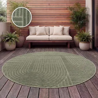 Paco Home Teppich Outdoor Wetterfest, Moderne abstrakte Boho Designs mit 3D Struktur, Pflegeleicht, ideal für Terrasse Wohnzimmer & Küche, Grösse:120 cm Rund, Farbe:Grün 4